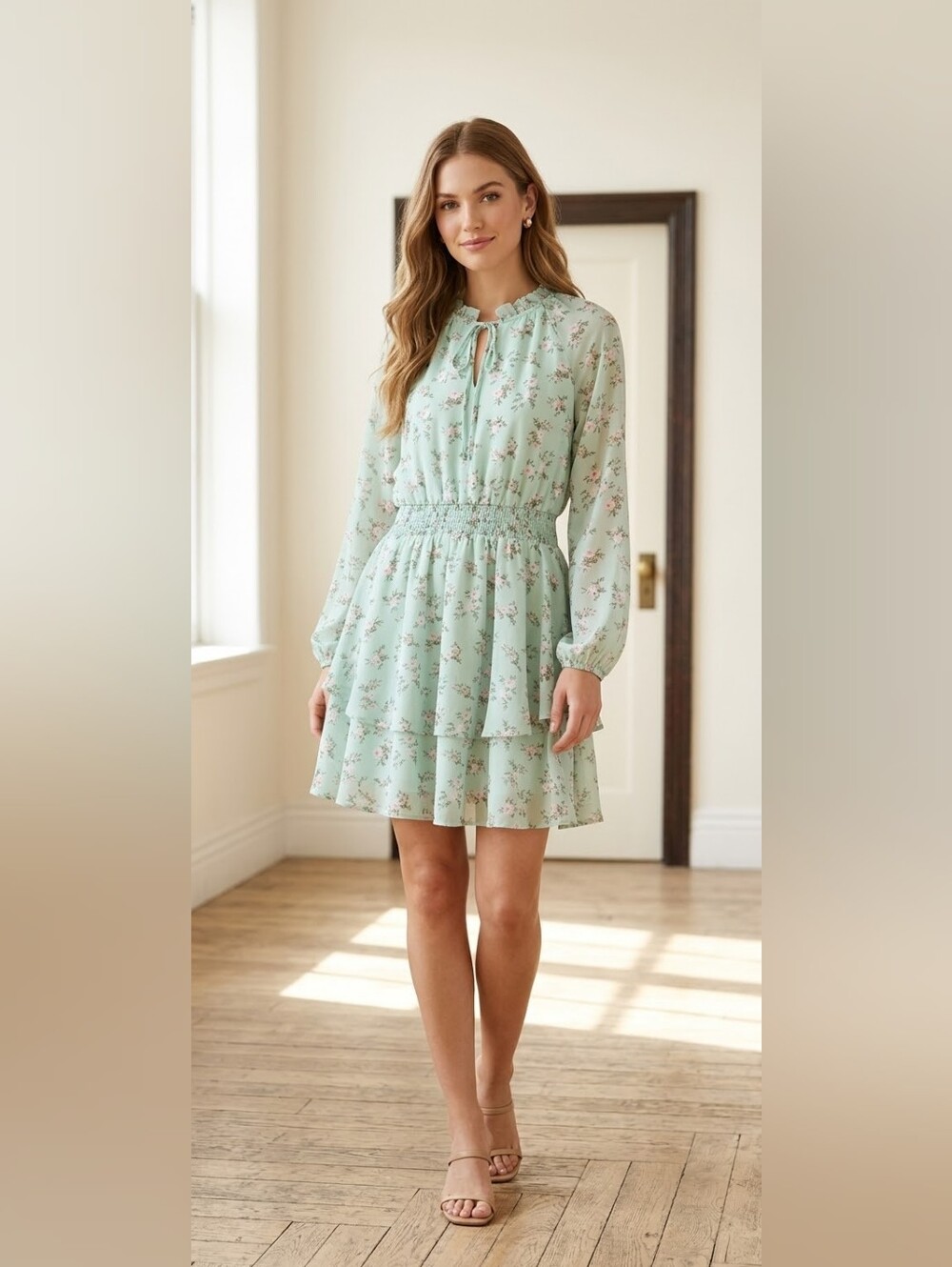 Allegra K Floral Dress Light Mint Green Ruffle Tie Neck Smocked Waist Size L